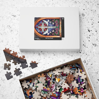 Stained Glass Cross Puzzle, Dove and Lily Flower Design, Faith-Based Christian Jigsaw Game for Adults, Mindful Hobby Gift for Puzzle Lover