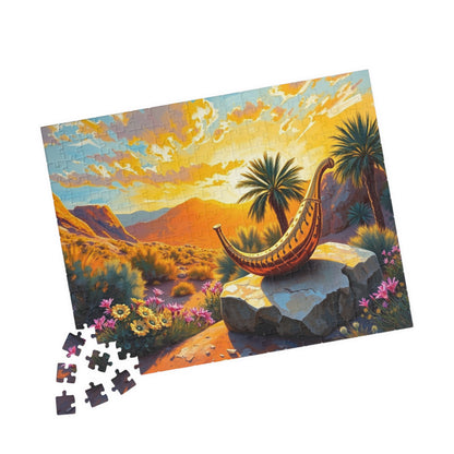 Golden Shofar Jigsaw Puzzle, Desert Oasis Landscape with Palm Trees Wildflowers, Faith-Based Religious Christian Tabletop Game, Jewish Gift