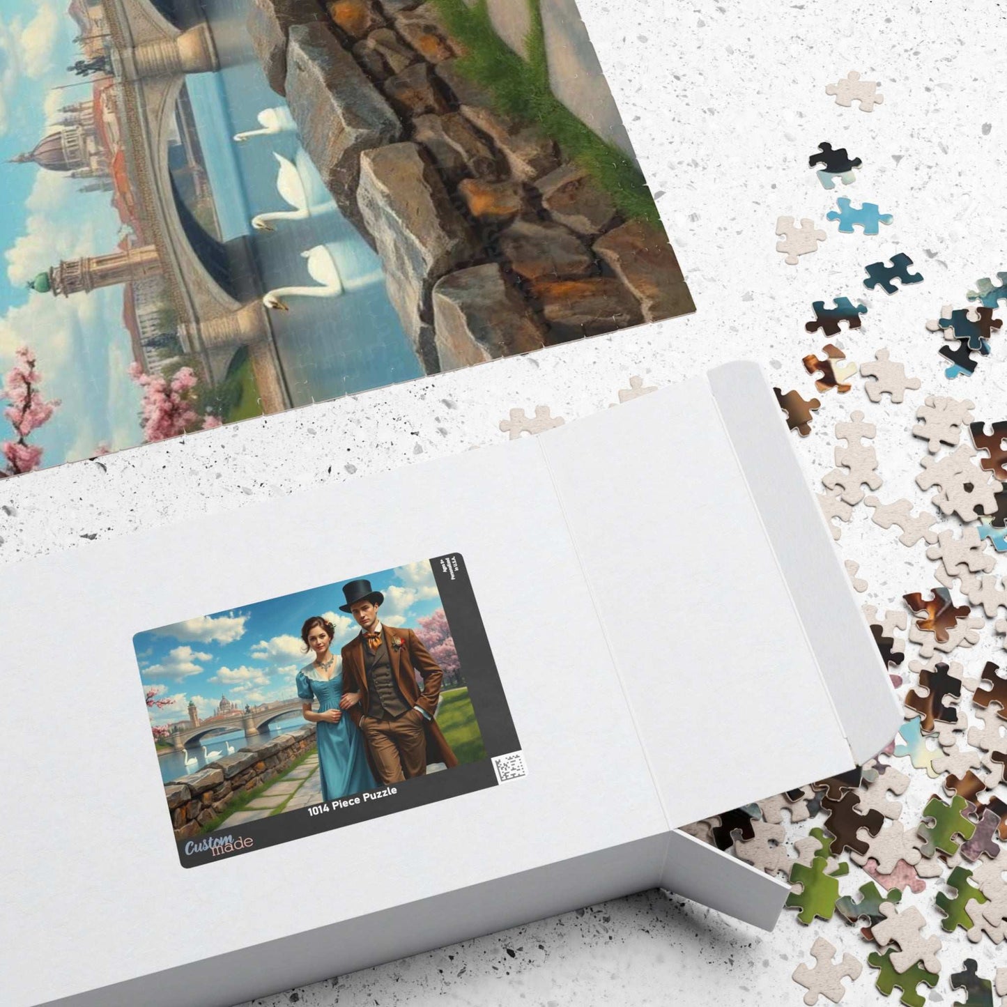 Romantic Stroll by the River - 19th Century Victorian Couple Jigsaw Puzzle with Blossoms, Bridge, and Swans Puzzle The Puzzle Chest