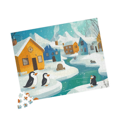 Penguin Winter Village Puzzle | Scenic Snowy Town Jigsaw 520 pcs (Horizontal) Puzzle The Puzzle Chest