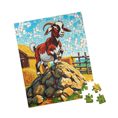Playful Goat Mosaic Puzzle, Goat on Rocky Hill, Sunny Farm Scene Jigsaw Game for Adults, Family Activity, Mindful Puzzle Lover Gift Puzzle The Puzzle Chest
