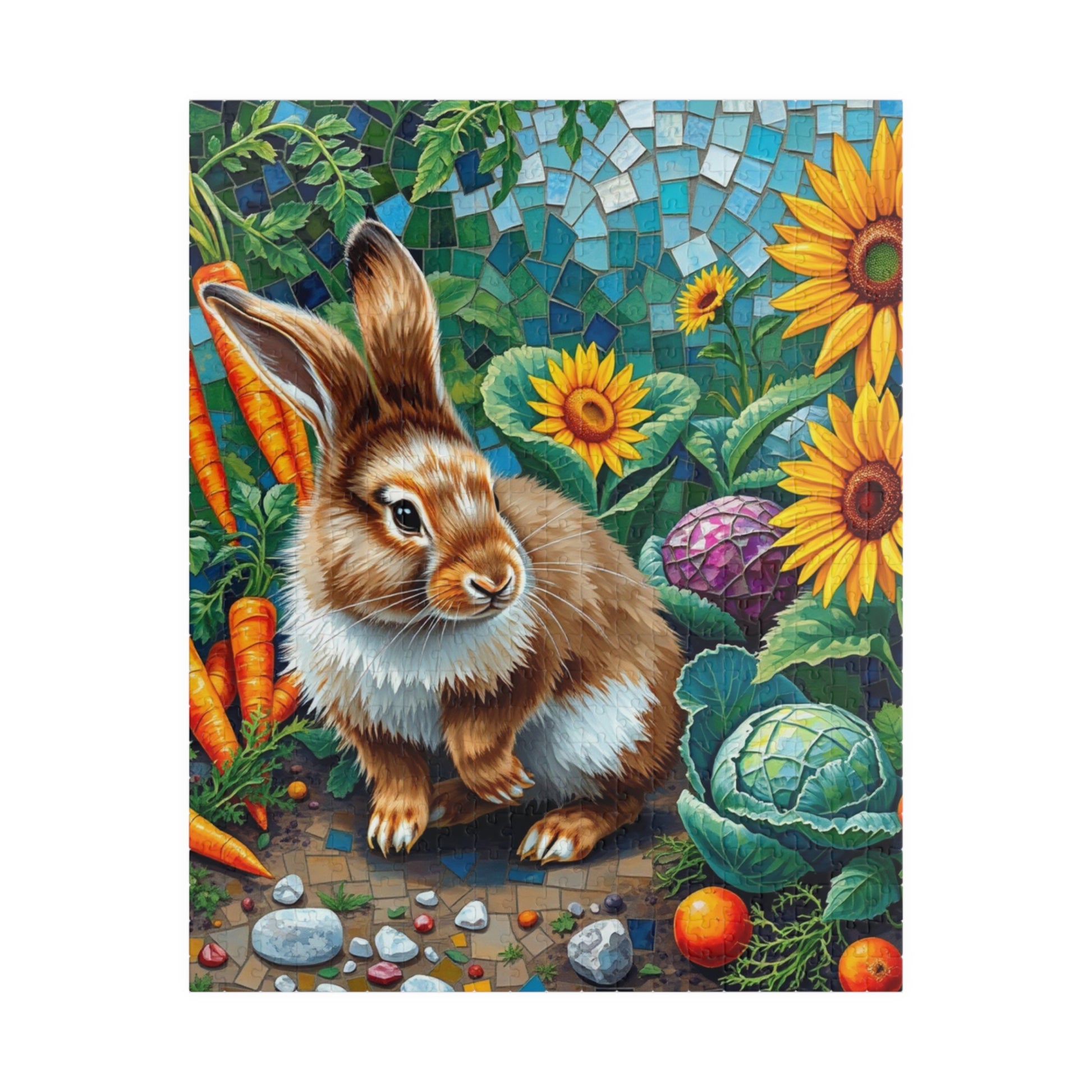 Fluffy Bunny Garden Mosaic Puzzle, Rabbit Near Carrots Cabbage and Sunflowers, Nature Animal Theme Jigsaw Game for Children and Adults, Gift 520 pcs (Vertical) Puzzle The Puzzle Chest