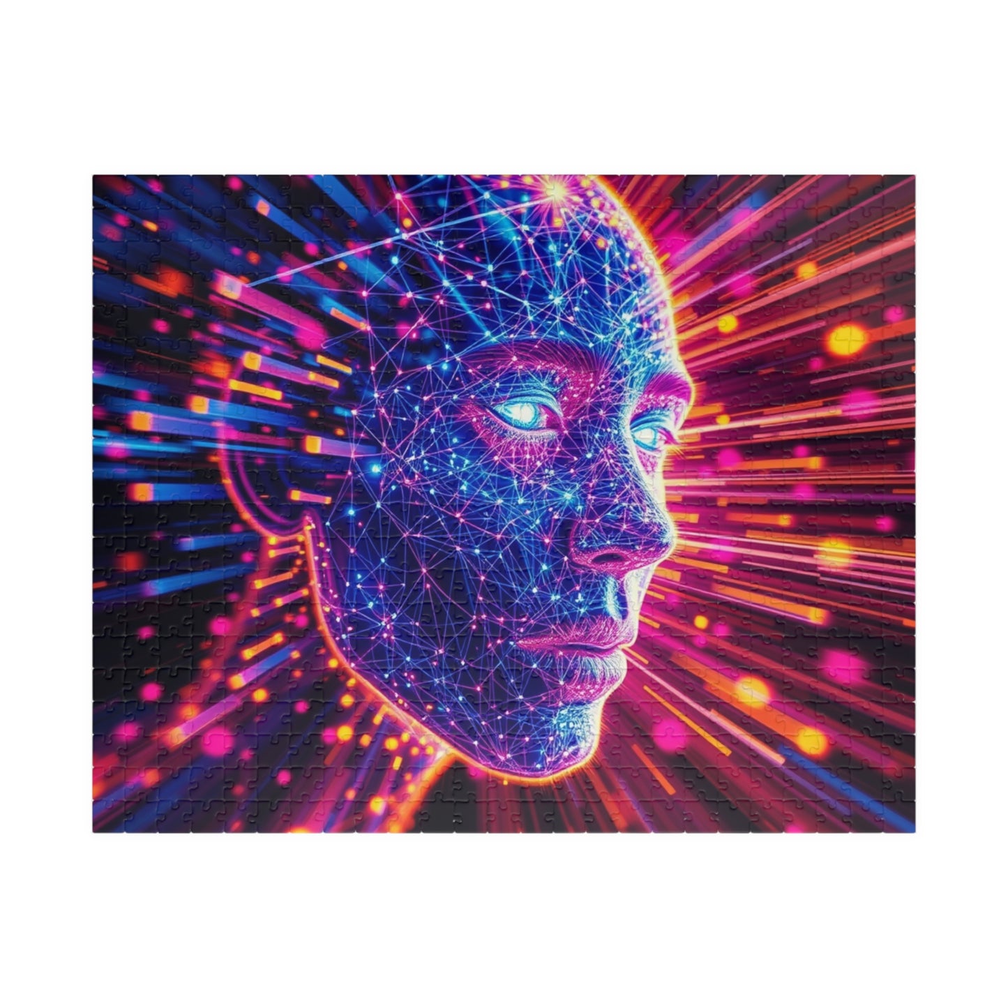 Abstract Human Face Jigsaw Puzzle, Colorful Glowing Electric Lines and Dots Design, Unique Gift for Bold Modern Art Lover Collector Hobbyist 520 pcs (Horizontal) Puzzle The Puzzle Chest