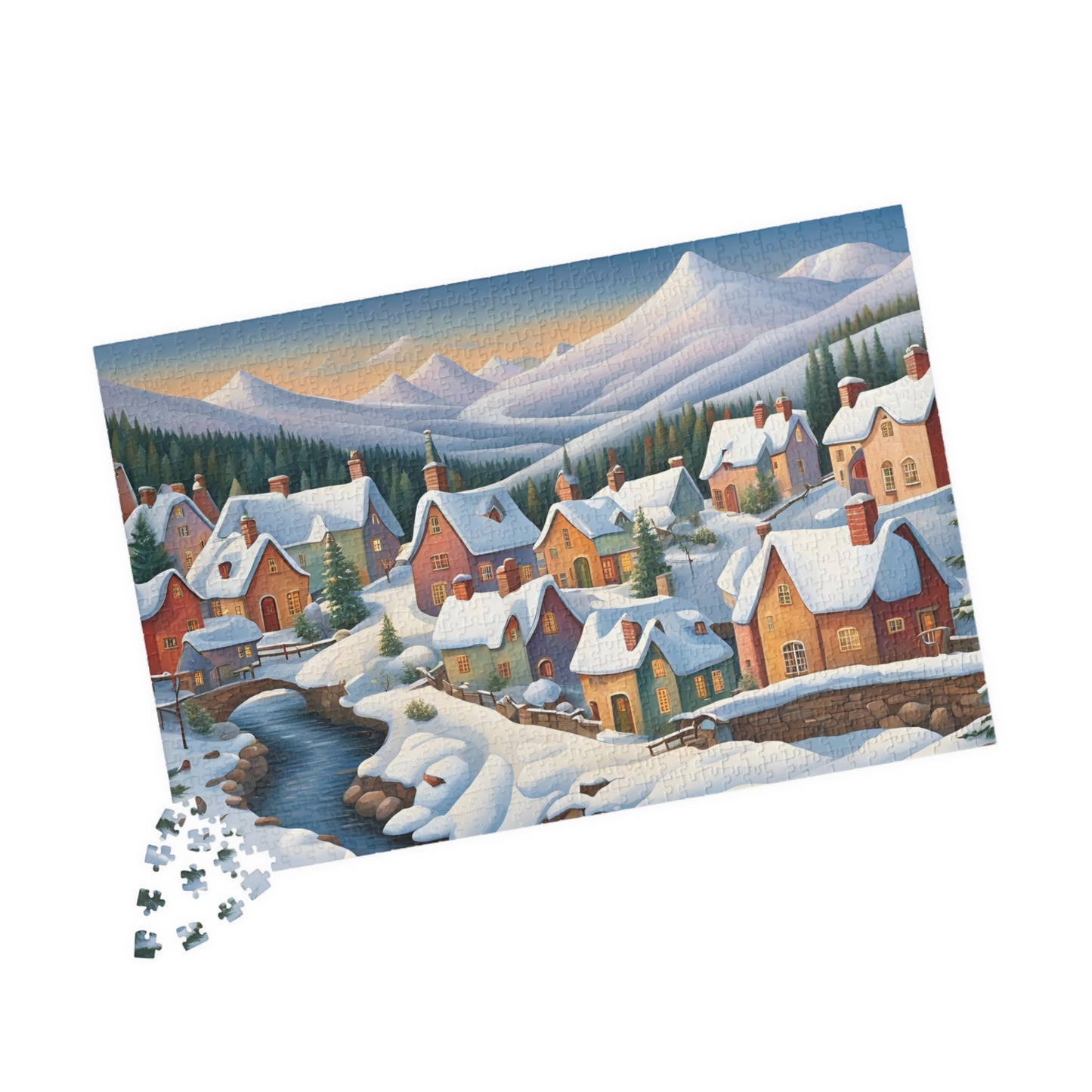Jigsaw Puzzle, Scandinavian Winter Village, Lake & Mountain View, 110, 252, 520, 1014-Piece. Winter Wonderland Puzzle, Christmas Gift, The Puzzle Chest