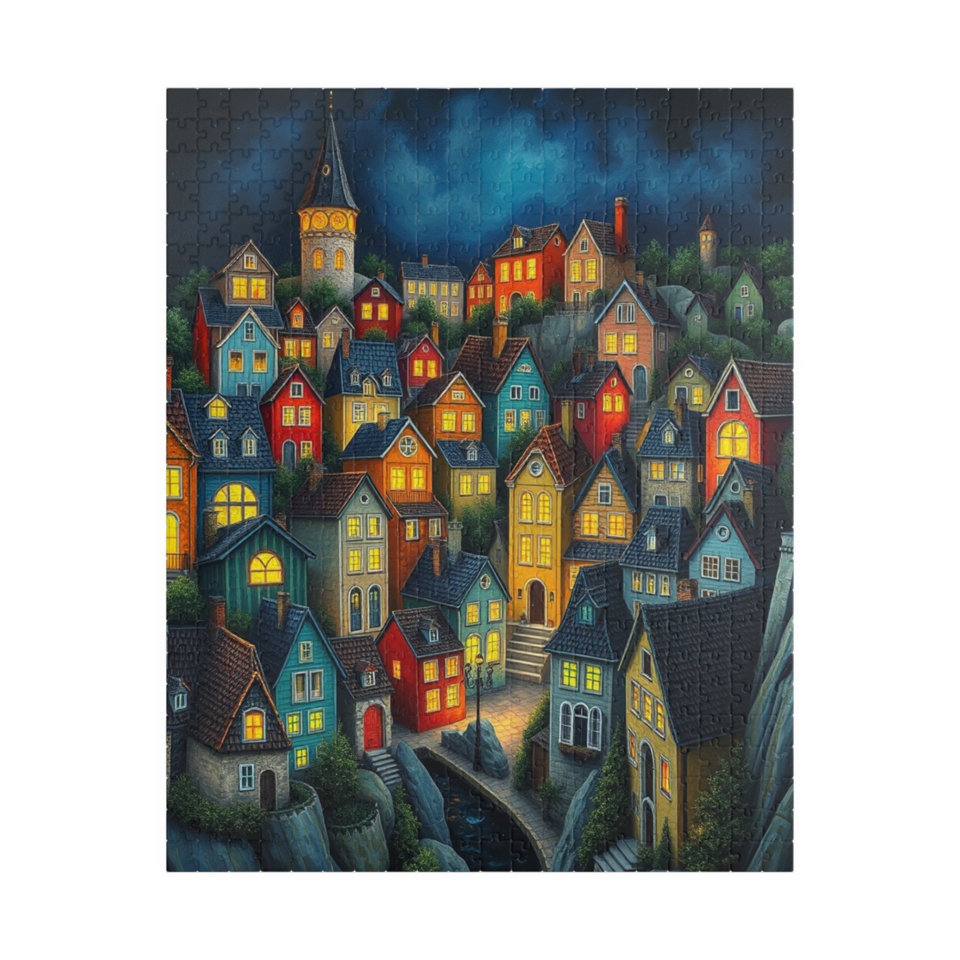 Village Puzzle at Night with Colorful Houses and Glowing Windows, Nighttime Adult Jigsaw Game, Bioluminescent Town 520 pcs (Vertical) The Puzzle Chest