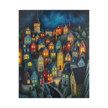 Village Puzzle at Night with Colorful Houses and Glowing Windows, Nighttime Adult Jigsaw Game, Bioluminescent Town 520 pcs (Vertical) The Puzzle Chest