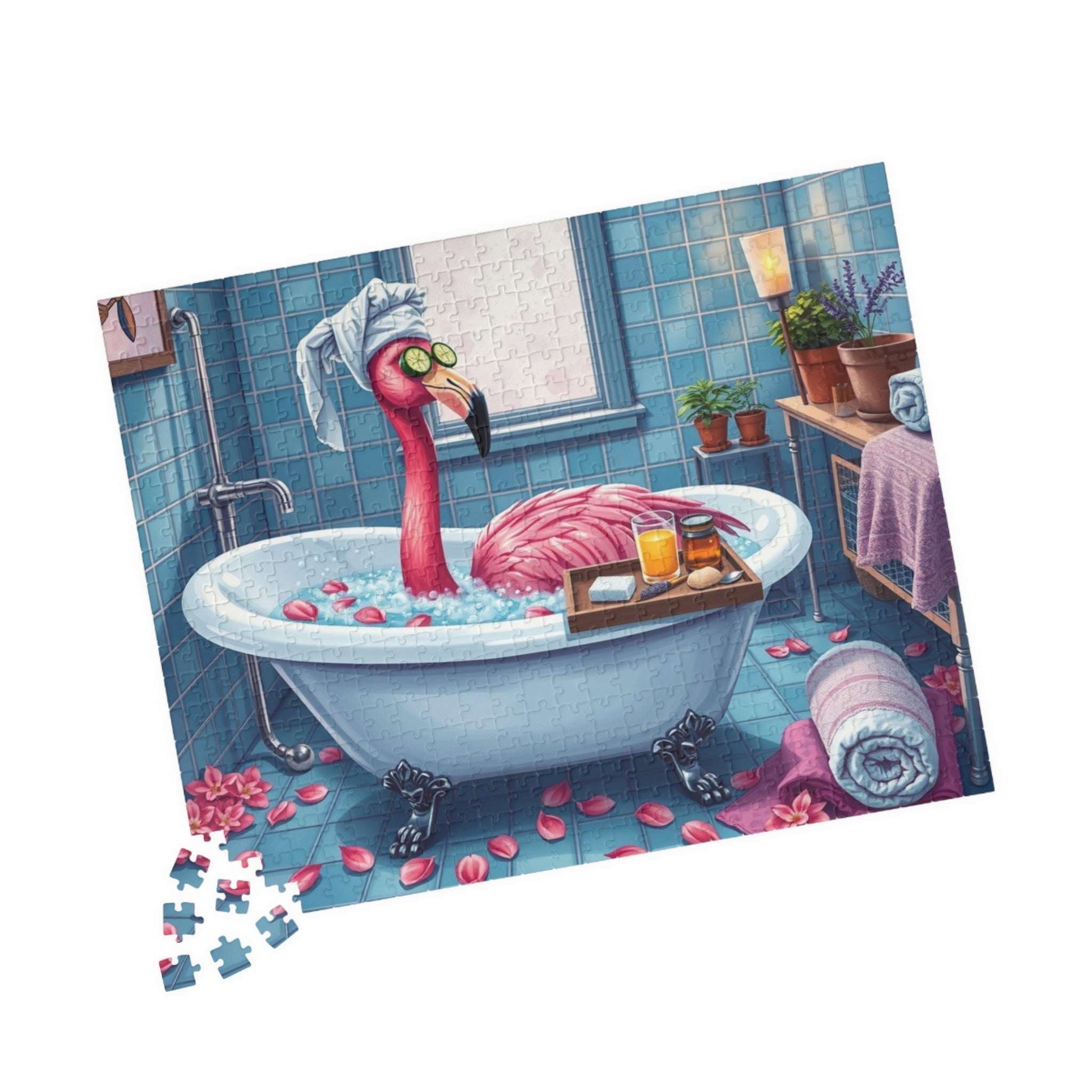 Flamingo Spa Retreat - Cozy Bathroom Puzzle for Adults, Fun Bath Time Art Jigsaw, Unique Gift for Friends, Family Game Night, Brain Teaser