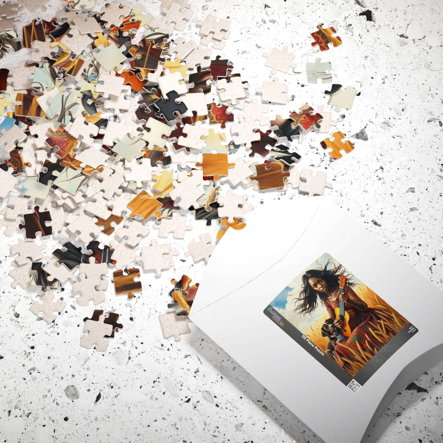 Wheat Field Ukulele Serenade Jigsaw Puzzle - Black Woman Art, Afrocentric Art, African American Musician Puzzle The Puzzle Chest