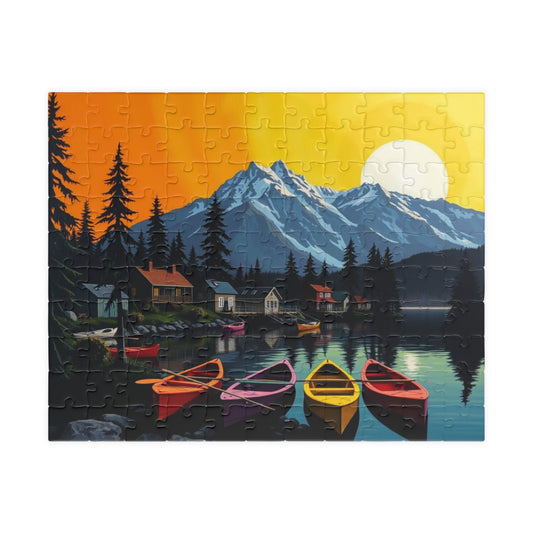 Banff Lakeside Village Puzzle for Adults, Nature Kayaks Trees Cabins and Mountains Jigsaw Game for Family Activity, Gift for Puzzle Lovers 110 pcs (Horizontal) Puzzle The Puzzle Chest