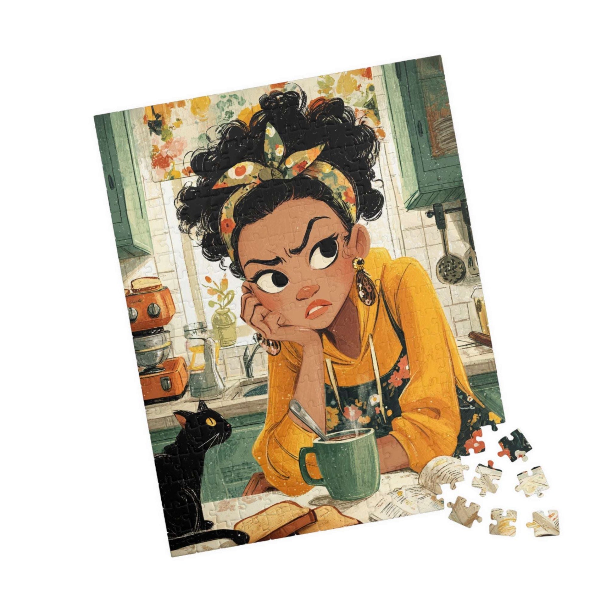 Funny Kitchen Cartoon Puzzle - Watercolor Scene of Girl Making Coffee, Character Game for Adults 252 pcs (Vertical) Puzzle The Puzzle Chest