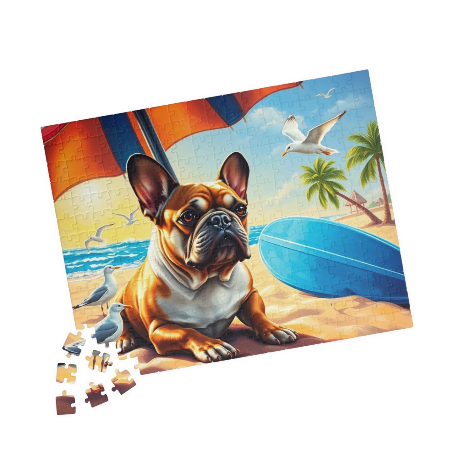 Beach Dog Puzzle - French Bulldog Jigsaw Game for Adults, Animal Lover Gift for Friend, Family Game Night, Brain Teaser, Relaxation Activity