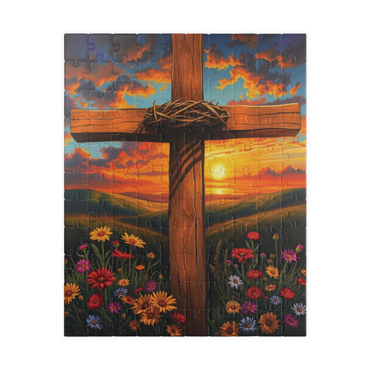 Crown of Thorns Cross Puzzle, Sunset Scene with Symbolic Christian Art, Religious Faith-Based Jigsaw Game, Inspirational Puzzle Lover Gift