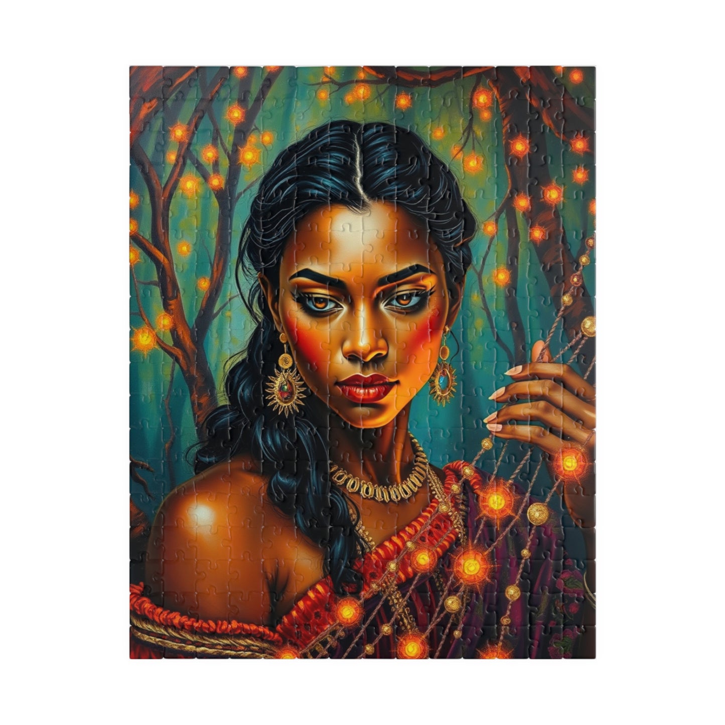 Indigenous Woman Portrait Puzzle, Beautiful Bioluminescent Forest Scene, Family Friendly Mindful Jigsaw Game, Challenge for Puzzle Lover 252 pcs (Vertical) Puzzle The Puzzle Chest