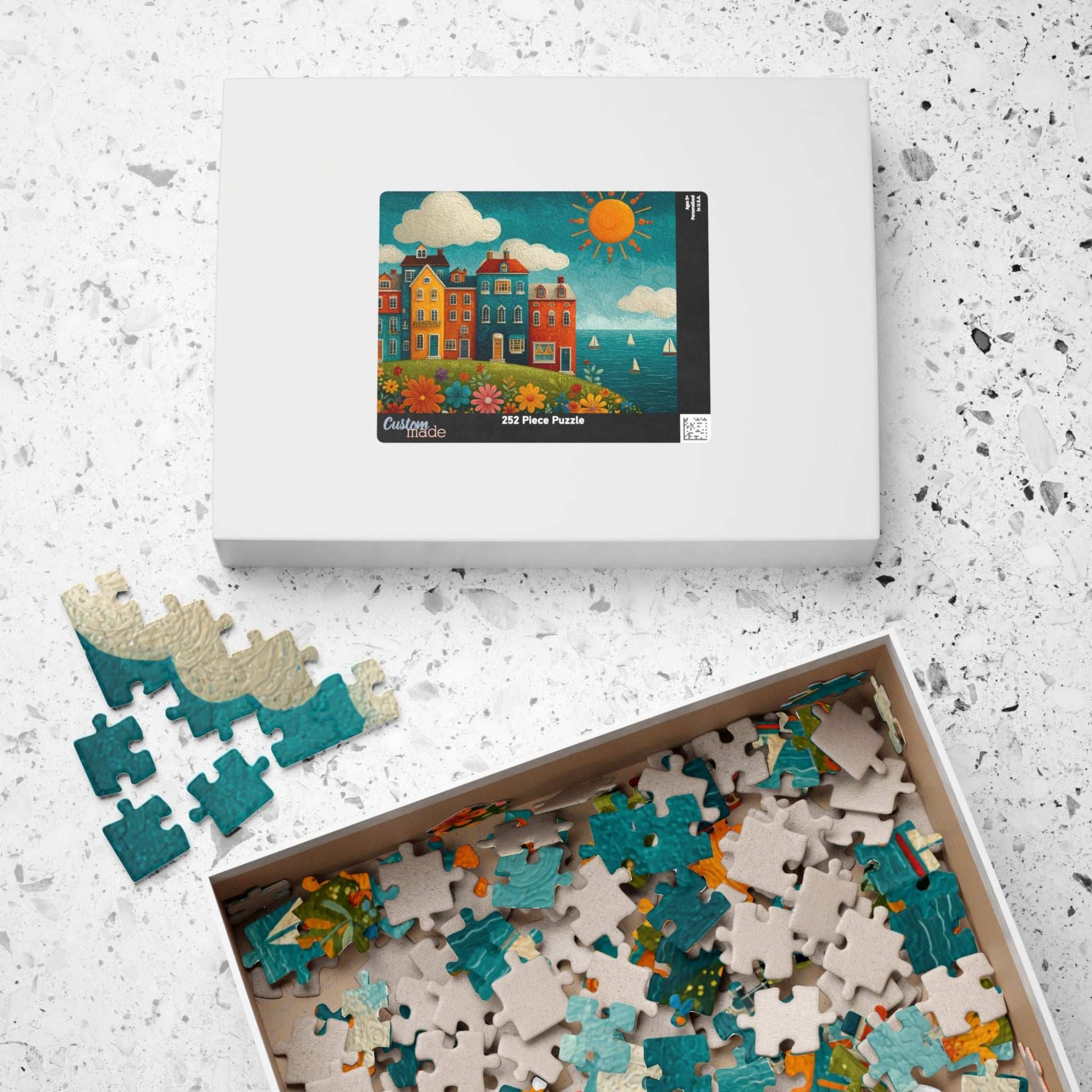 Seaside Village Jigsaw Puzzle - Coastal Ocean Scene, Colorful Beach Town with Bright Flowers, Sailboats, and Sun Puzzle The Puzzle Chest