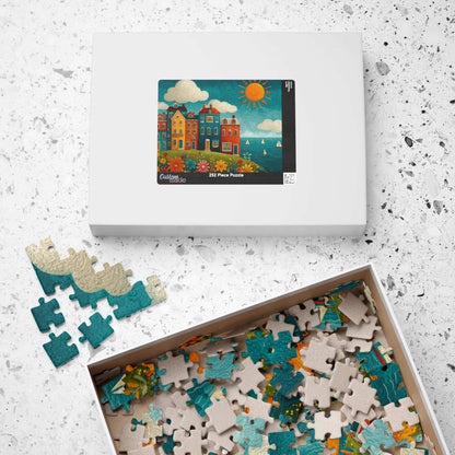 Seaside Village Jigsaw Puzzle - Coastal Ocean Scene, Colorful Beach Town with Bright Flowers, Sailboats, and Sun Puzzle The Puzzle Chest