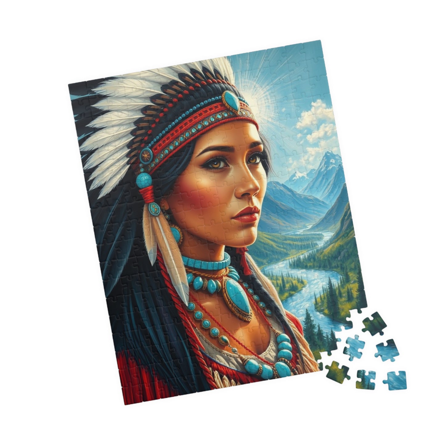 Puzzle, Indigenous Bride with Dark Eyes and Tan Skin, Buckskin Dress, Turquoise Necklace, Feather Headdress Natural Landscape, Mountains, Puzzle The Puzzle Chest