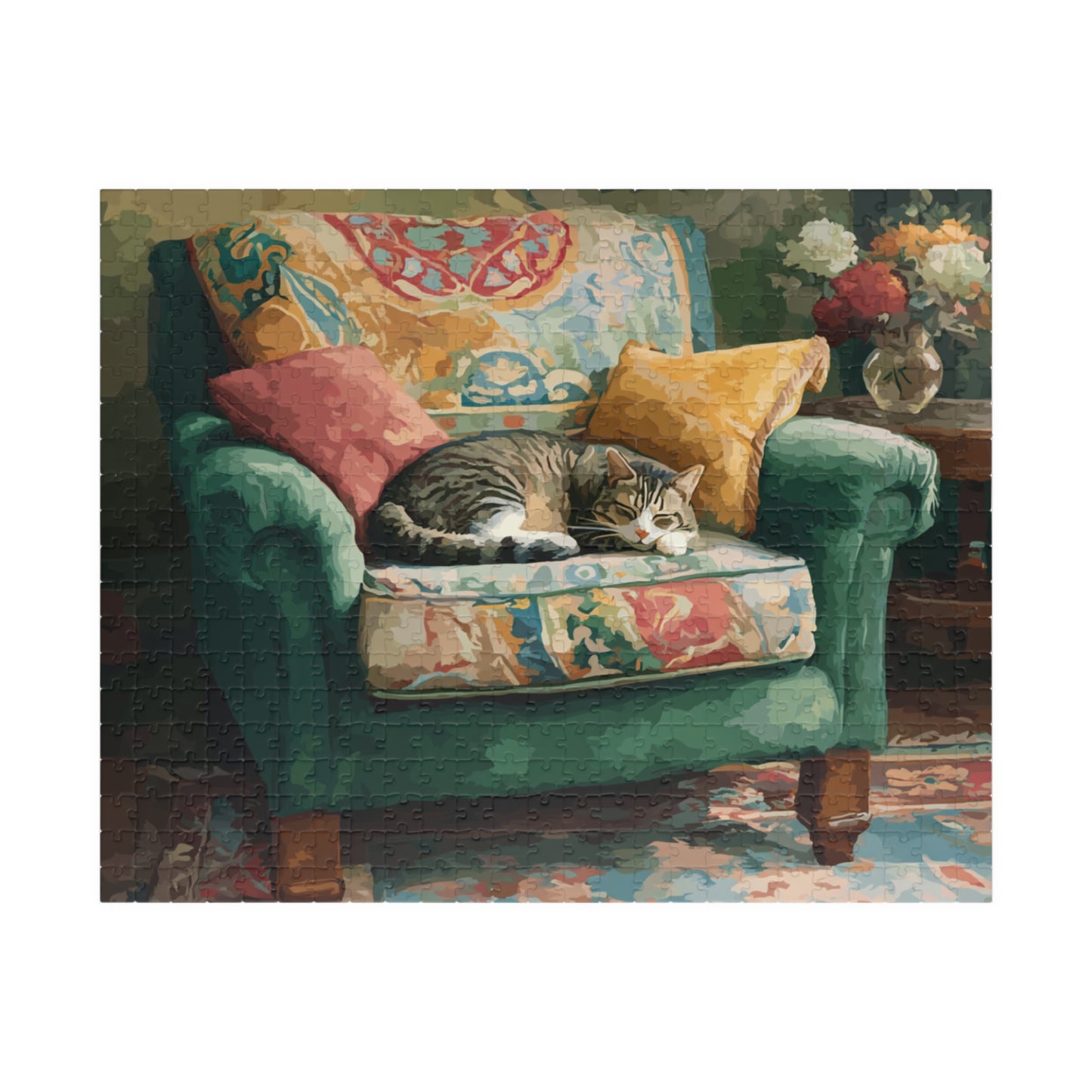 Cat and the Green Armchair – Cozy Interior Jigsaw Puzzle, Animal Theme Fauvist Cat Home Puzzle for Kitten Lover Puzzle The Puzzle Chest