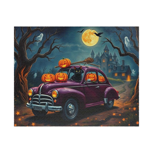 Halloween-Themed Vintage Car Jigsaw Puzzle with Cats, Ghosts and Pumpkins