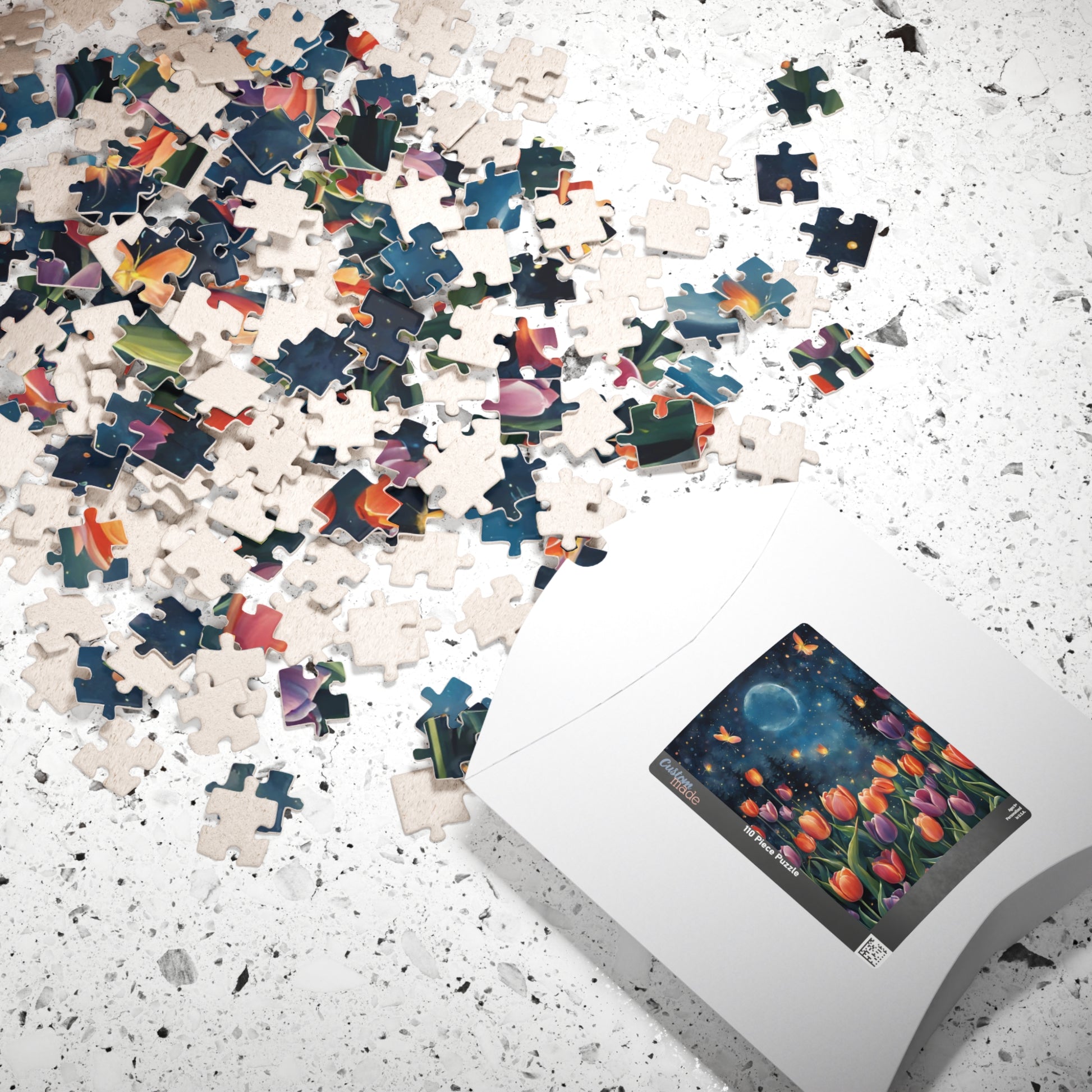 Moonlit Tulip Garden Puzzle, Glowing Tulips and Fireflies Tranquil Night Fantasy Adult Jigsaw Game, Nature-Inspired Gift for Puzzle Fanatic Puzzle The Puzzle Chest