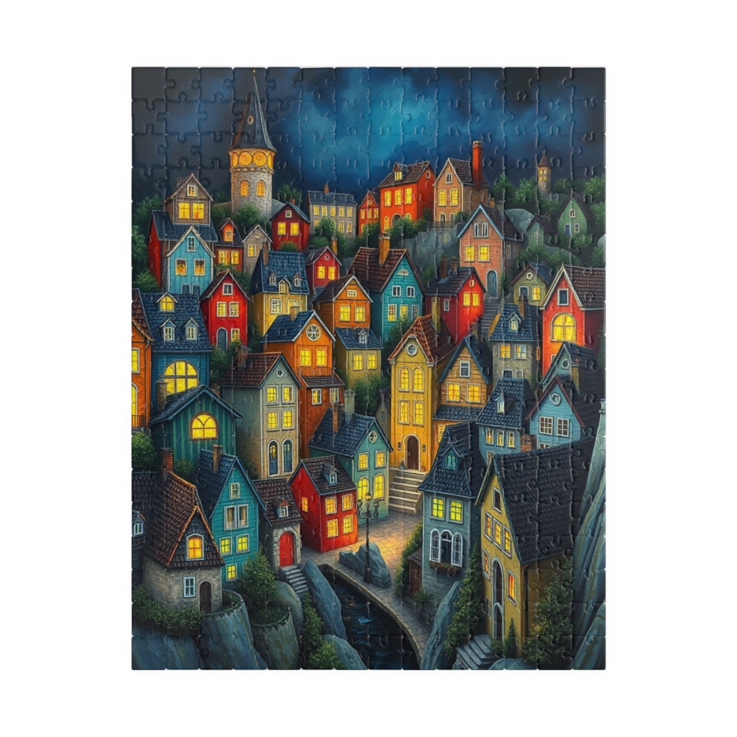 Village Puzzle at Night with Colorful Houses and Glowing Windows, Nighttime Adult Jigsaw Game, Bioluminescent Town 252 pcs (Vertical) The Puzzle Chest