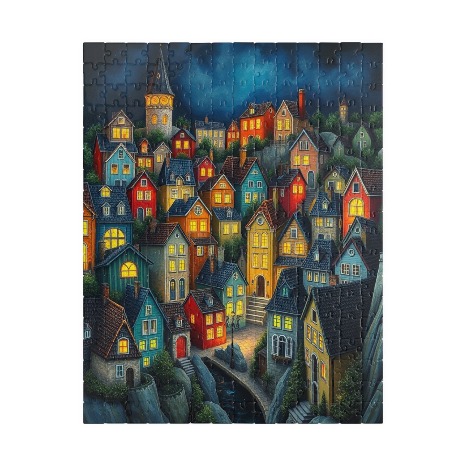 Village Puzzle at Night with Colorful Houses and Glowing Windows, Nighttime Adult Jigsaw Game, Bioluminescent Town 252 pcs (Vertical) The Puzzle Chest