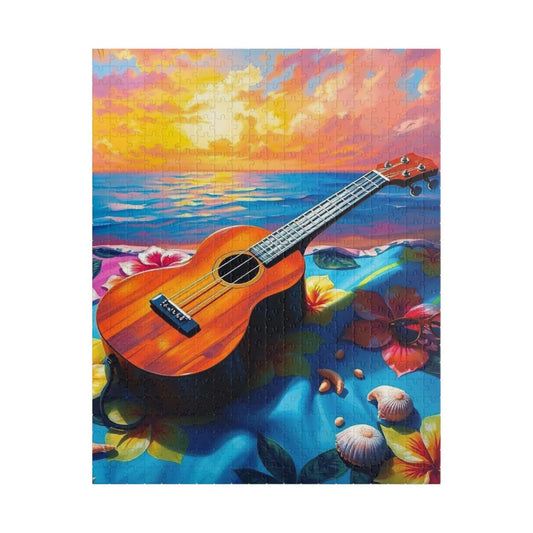 Ukulele Beach Vibes Jigsaw Puzzle - Tropical Hibiscus Towel, Seashells & Sunglasses, Holiday Birthday Gift for Music Lover, Musician