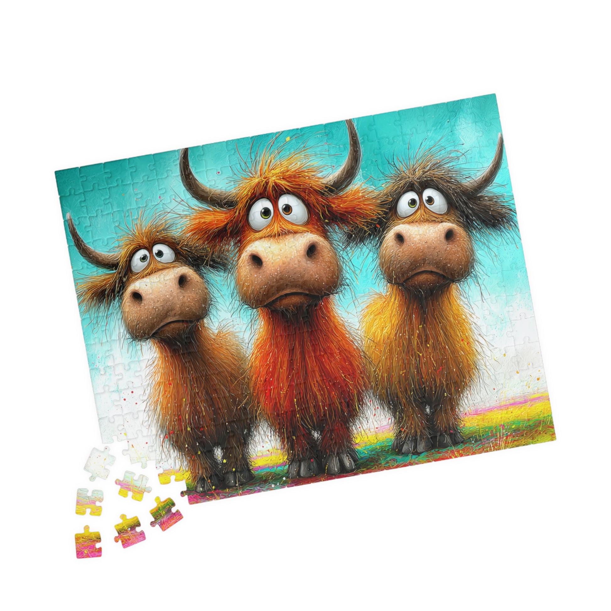 Three Cartoon Highland Cows Puzzle | 110/252/520-piece Jigsaw 252 pcs (Horizontal) Puzzle The Puzzle Chest