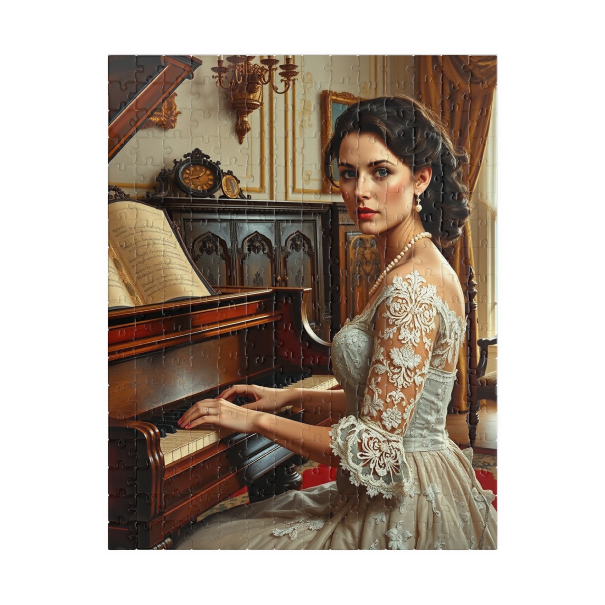 Victorian Woman Art Jigsaw Puzzle (110-1014 Piece), Vintage Drawing Room, Lady Playing Piano in Lace and Pearl Gown, Art Enthusiast Gift 252 pcs (Vertical) Puzzle The Puzzle Chest