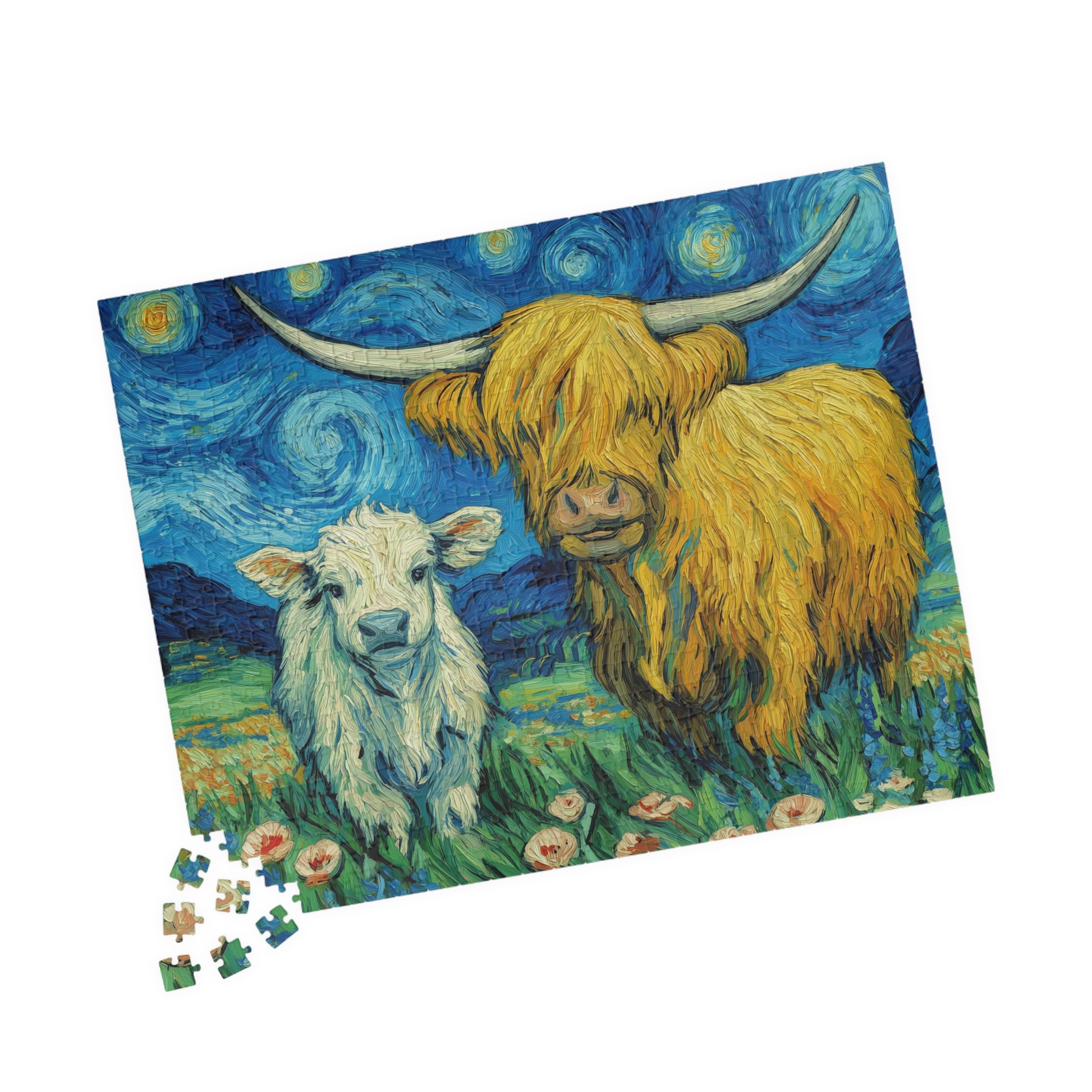 Highland Cow and Calf Puzzle 110/252/520/1014-piece | Van Gogh Starry Sky Style Jigsaw 520 pcs (Horizontal) Puzzle The Puzzle Chest