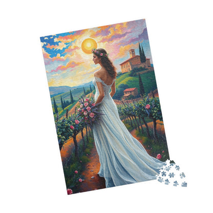 Whimsical Italian Bride Jigsaw Puzzle, White Gown Floral Crown Rose Bouquet, Tuscan Vineyard Romantic Wedding, Modern Art Lover Unique Gift Puzzle The Puzzle Chest