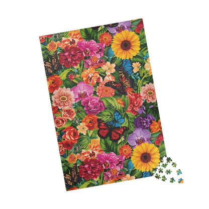Garden Collage Jigsaw Puzzle – Overlapping Flowers, Butterflies, and Green Leaves in a Vibrant Nature Puzzle 1014 pcs (Vertical) Puzzle The Puzzle Chest