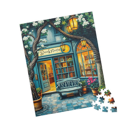 Artistic Bookstore Jigsaw Puzzle – Teal Facade and Garden Bench, Game for Book Lovers 252 pcs (Vertical) Puzzle The Puzzle Chest