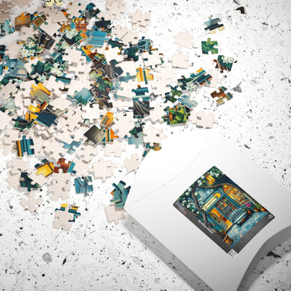 Artistic Bookstore Jigsaw Puzzle – Teal Facade and Garden Bench, Game for Book Lovers Puzzle The Puzzle Chest