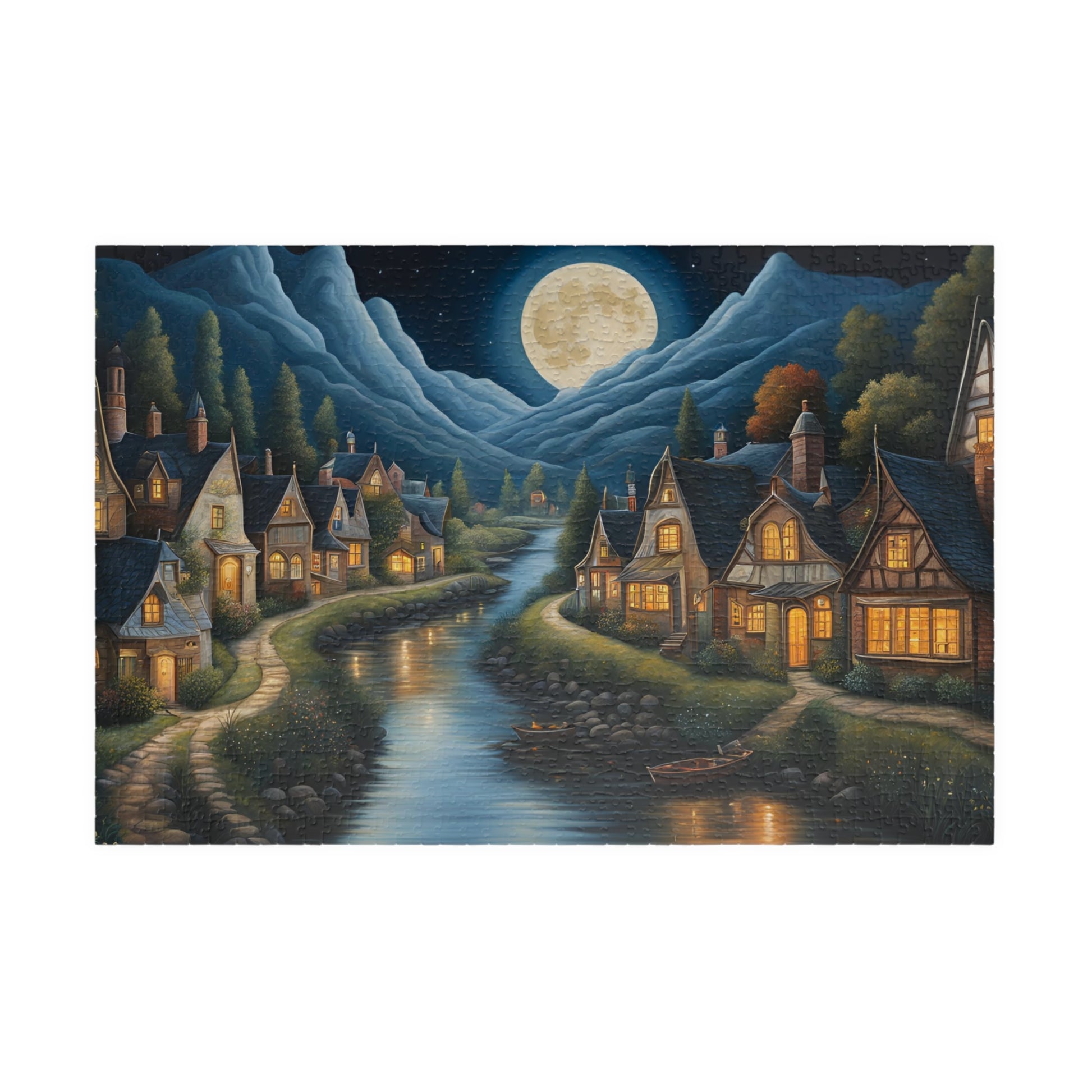 Nordic Night Village Puzzle, Serene Moonlit River Landscape, Cozy Scandinavian River Town Jigsaw Game, Mindfulness Gift for Puzzle Lover 1014 pcs (Horizontal) The Puzzle Chest