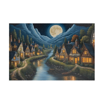 Nordic Night Village Puzzle, Serene Moonlit River Landscape, Cozy Scandinavian River Town Jigsaw Game, Mindfulness Gift for Puzzle Lover 1014 pcs (Horizontal) The Puzzle Chest