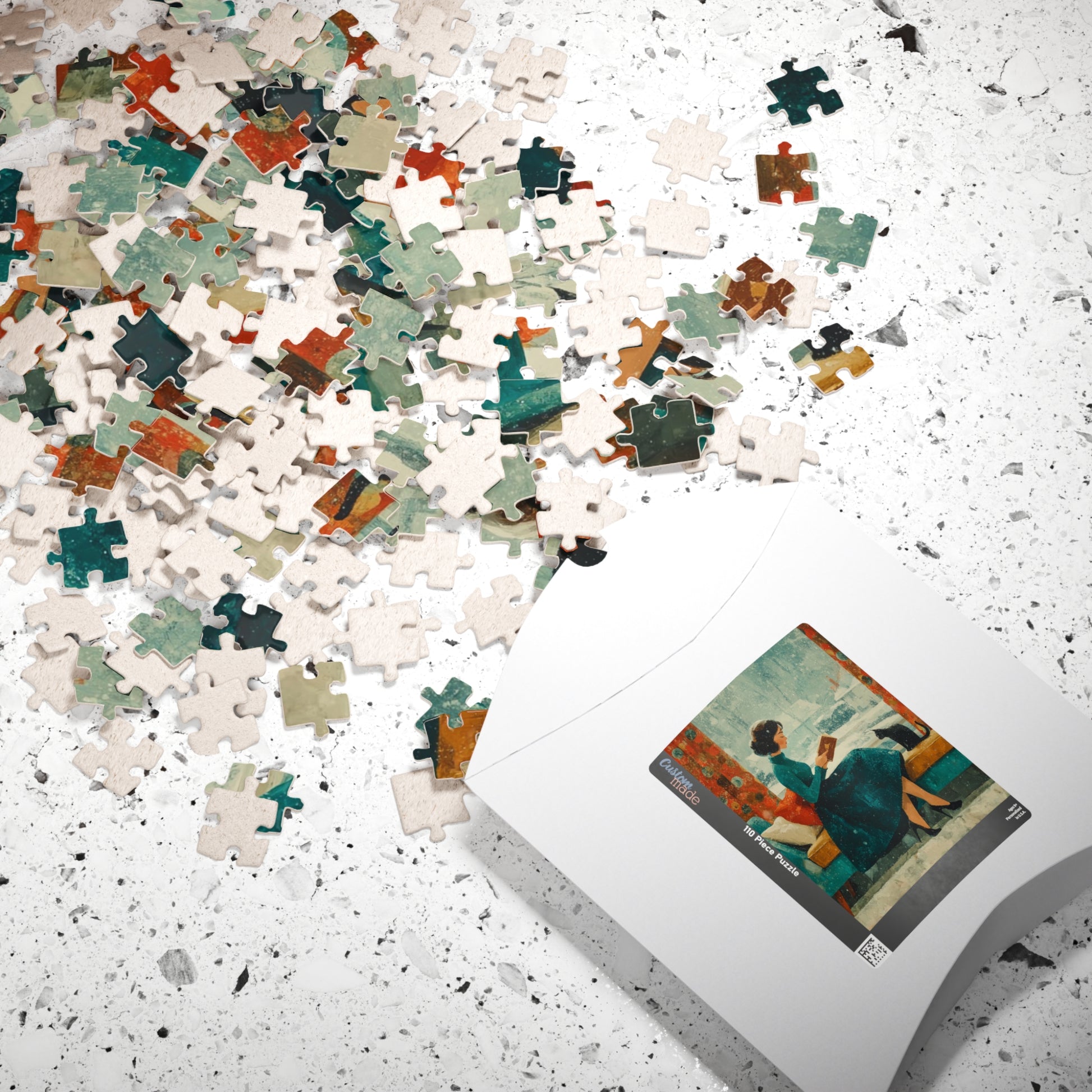 Mid-Century Winter Reading Nook Jigsaw Puzzle – Vintage 1950s Woman, Cat, and Snowy Window Puzzle The Puzzle Chest