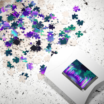 Abstract Forest Landscape Jigsaw Puzzle, Glowing Purple Green Neon Trees, Fantasy Art Puzzle Lover, Quiet Time Leisurely Activity, Fun Hobby Puzzle The Puzzle Chest
