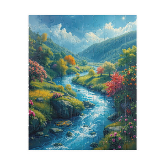 Mystical River Valley Jigsaw Puzzle, Fantasy Landscape with Vibrant Trees and Flowers, Ethereal Scene of Nature's Beauty and Tranquility 110 pcs (Vertical) Puzzle The Puzzle Chest