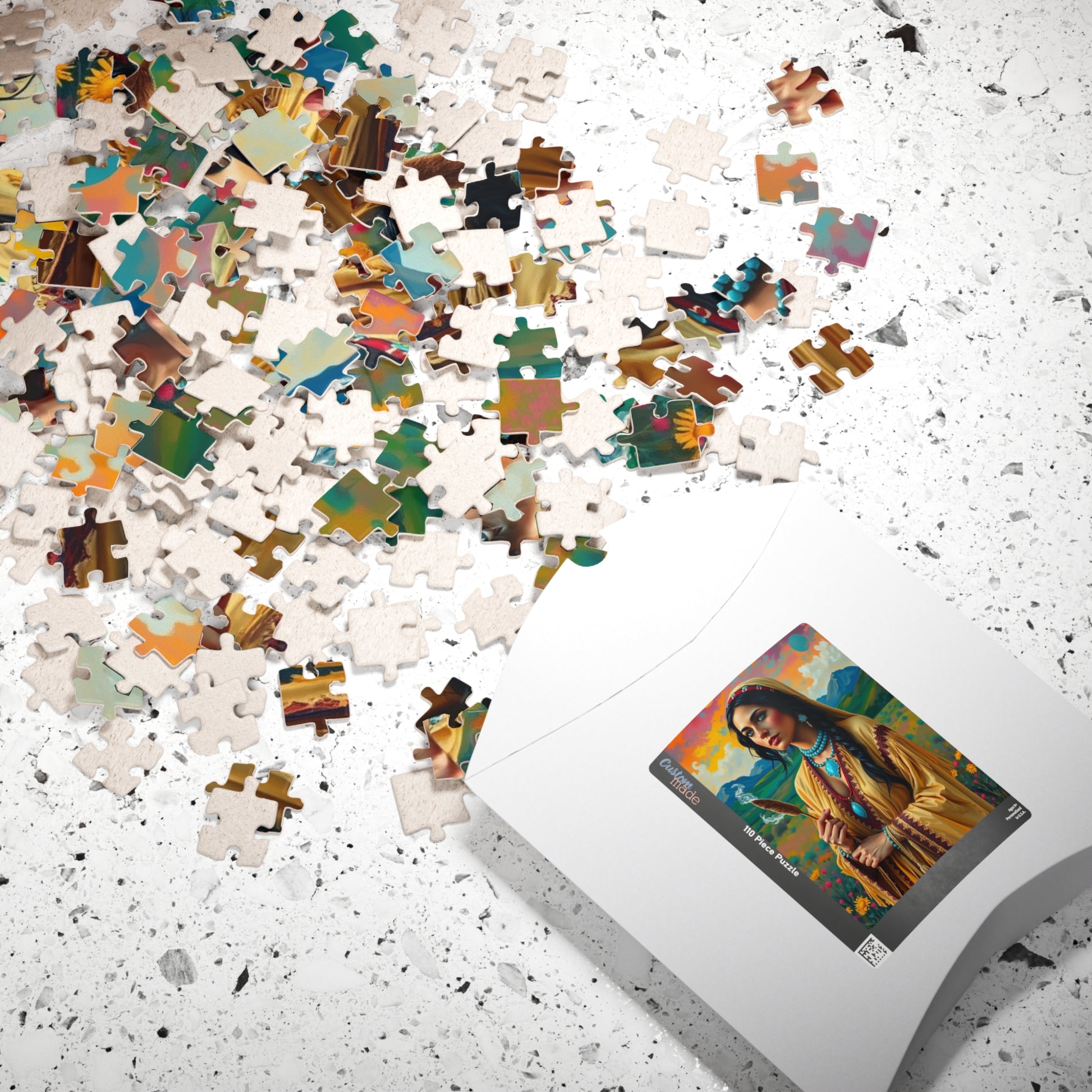 Spiritual Indigenous Bride Puzzle with Turquoise Jewelry and Smudge Stick, Colorful Landscape Wedding Jigsaw Game, Unique Puzzle Lover Gift Puzzle The Puzzle Chest