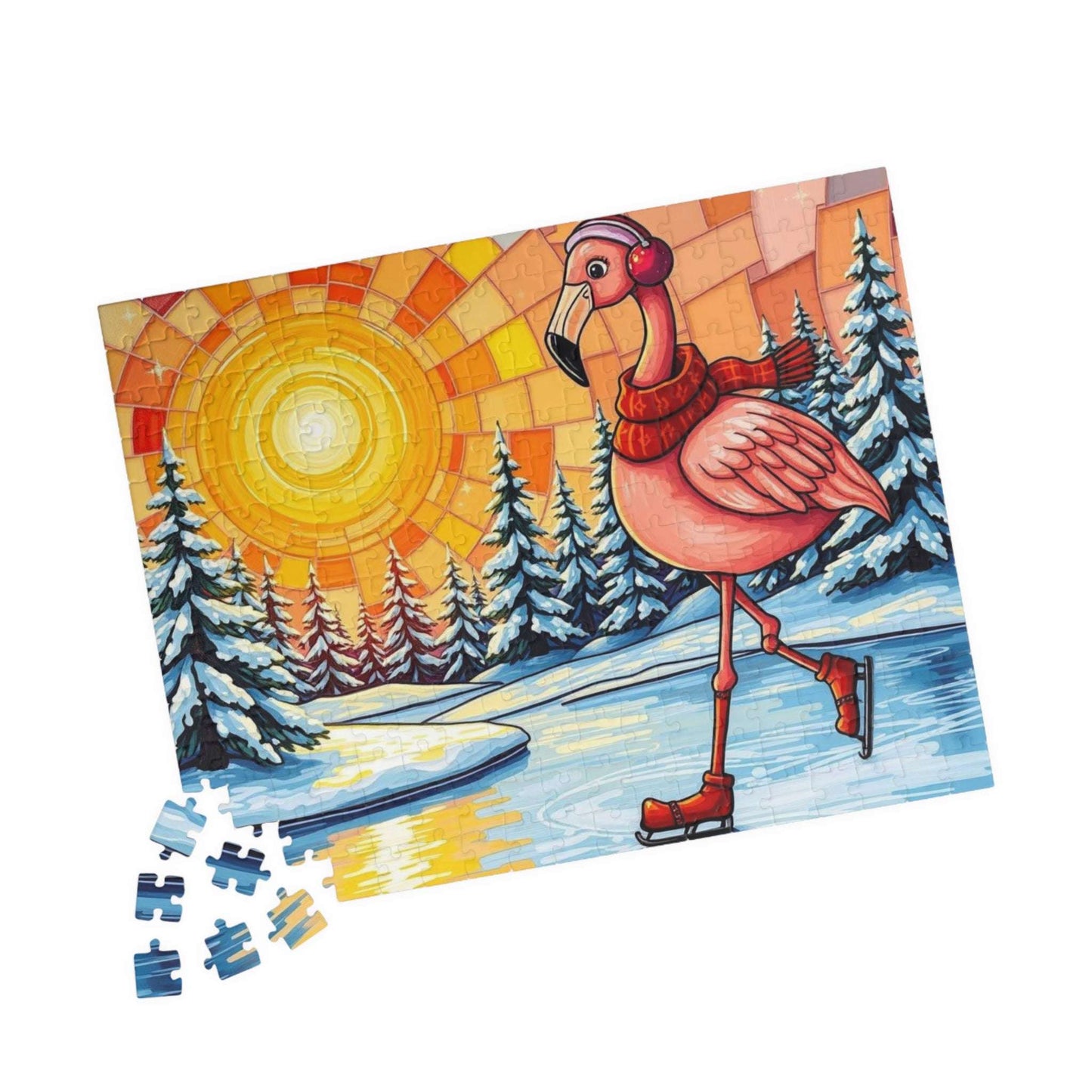 Skating Flamingo Winter Jigsaw Puzzle, Fun Family Activity, Best Birthday Gift for Bird Lovers, Unique Holiday Entertainment, Brain Teaser