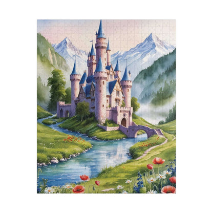 Jigsaw Puzzle, Fairytale Castle Landscape Puzzle - Snow-capped Mountains, Wildflowers, River, Scenic Puzzle 520 pcs (Vertical) Puzzle The Puzzle Chest