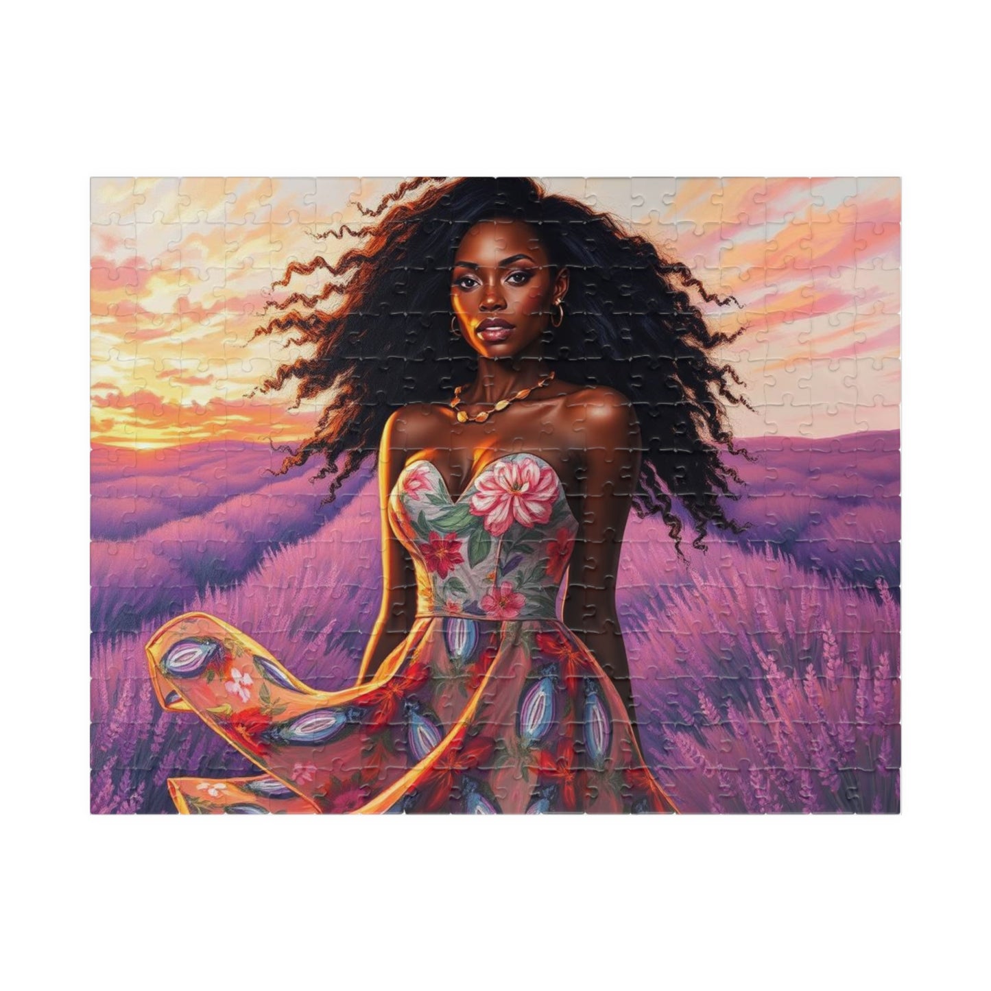 Floral Black Woman Art Puzzle - Lavender Field Jigsaw Game, Gift for Flower Lover, Home Entertainment, Family Fun, Art Enthusiast 252 pcs (Horizontal) Puzzle The Puzzle Chest