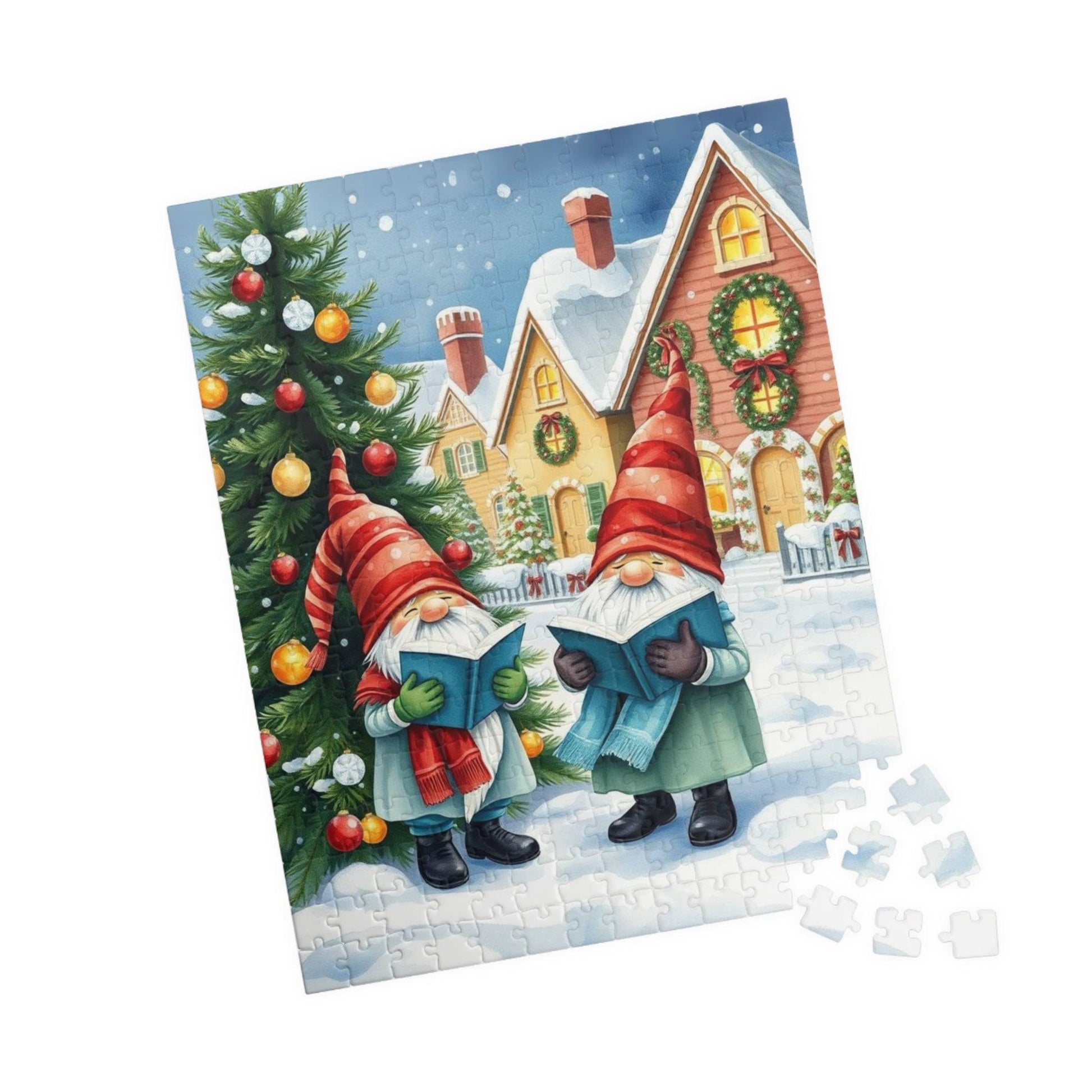 Christmas Caroling Gnomes in Snowy Village – Watercolor Storybook Holiday Jigsaw Puzzle 252 pcs (Vertical) Puzzle The Puzzle Chest
