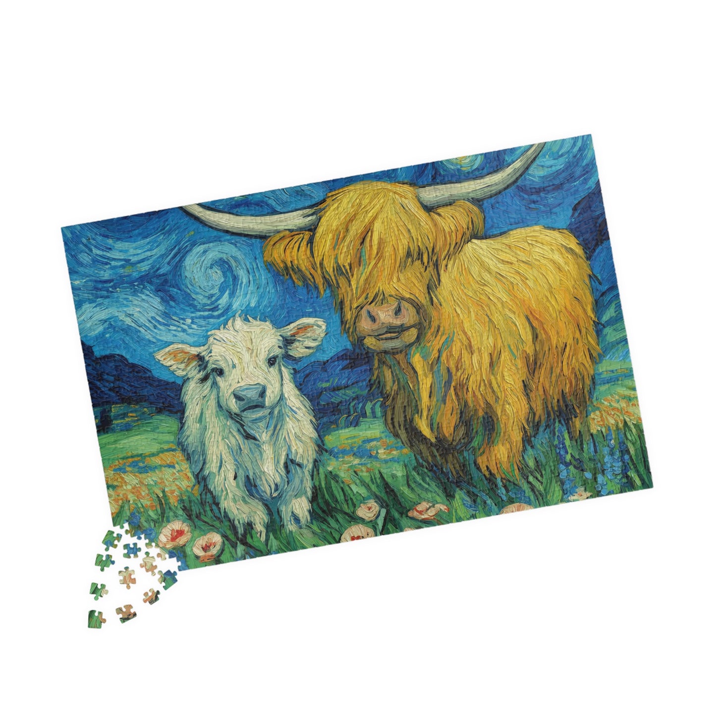 Highland Cow and Calf Puzzle 110/252/520/1014-piece | Van Gogh Starry Sky Style Jigsaw 1014 pcs (Horizontal) Puzzle The Puzzle Chest