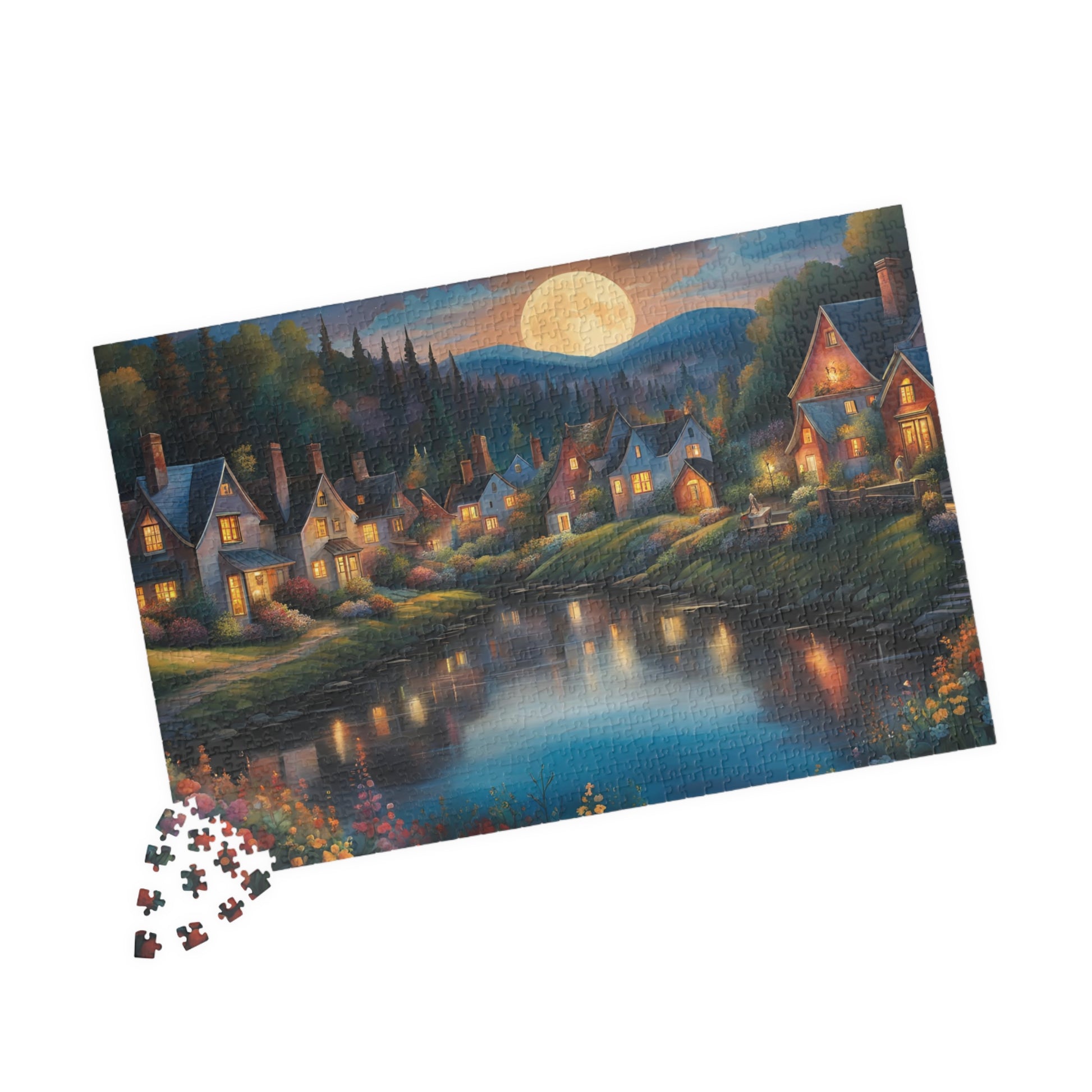 Nighttime Village Landscape Puzzle Gifted, Serene River, Moonlit Backdrop, 520 pcs, Adult, Relaxing Activity, Jigsaw Game, Holiday Present The Puzzle Chest