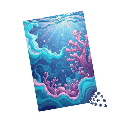 Abstract Underwater Scene Puzzle - Teal Aqua Pink Waves Coral Bubbles Light Beams Jigsaw Game Puzzle The Puzzle Chest