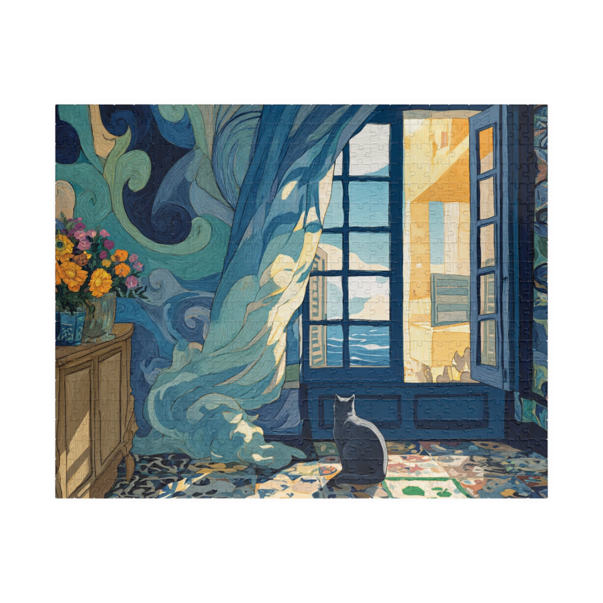 Cat and the Blue Window – Serene Fauvist Jigsaw Puzzle, Animal Theme Seaside Kitten Puzzle, Matisse-Inspired Puzzle The Puzzle Chest