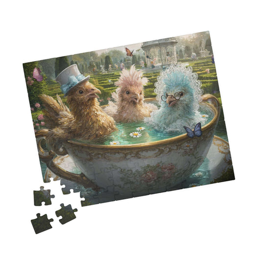Whimsical Garden Tea Chicken Puzzle – Three Fancy Chickens in Giant Teacup Bath with Flowers, Fairy-Tale Farm Animal Jigsaw 110 pcs (Horizontal) Puzzle The Puzzle Chest