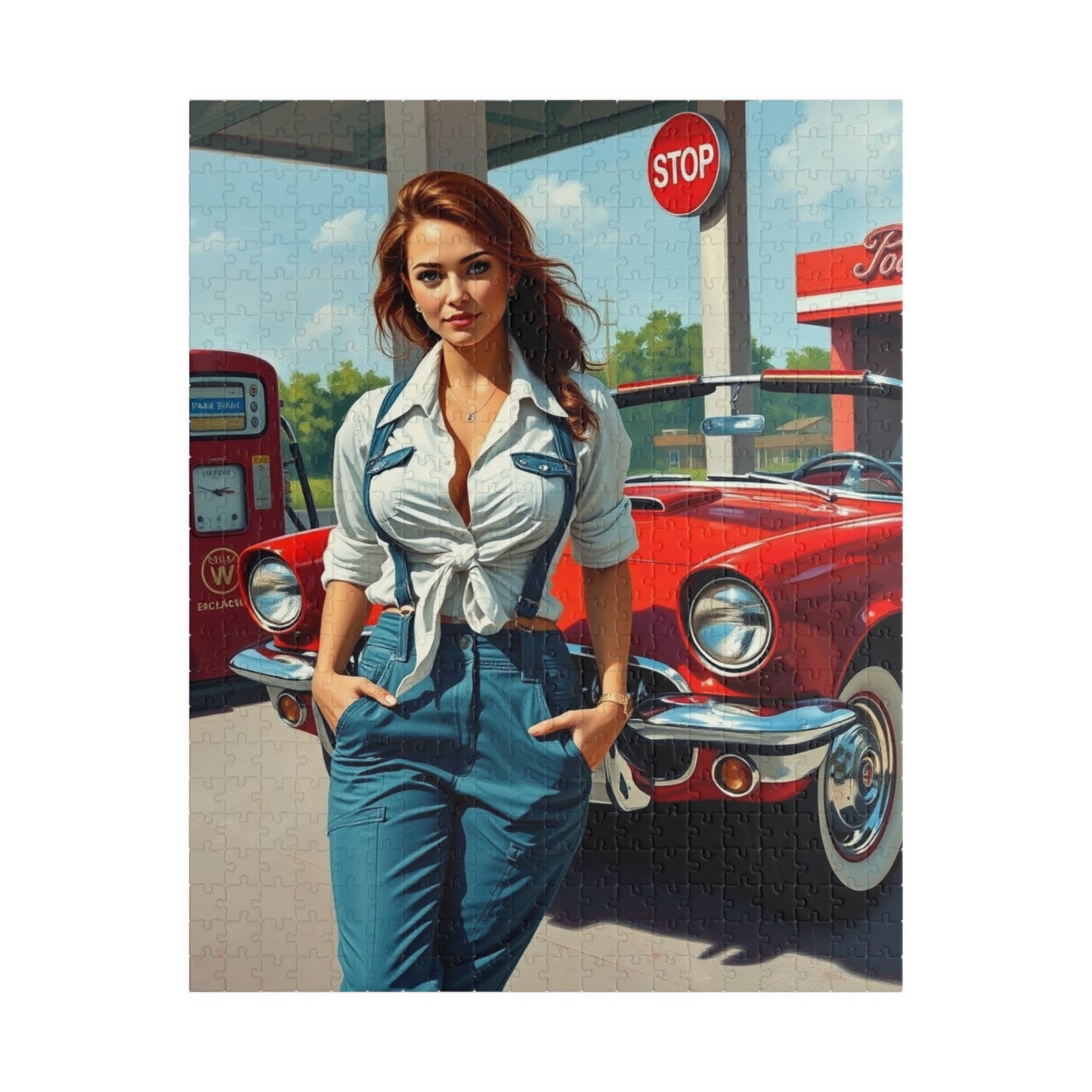 Puzzle, Vintage Mechanic Woman and Red Convertible, Jigsaw Game for Adults, Classic Car Puzzle, Retro Gas Station Image, Brain Teaser Gift 520 pcs (Vertical) Puzzle The Puzzle Chest