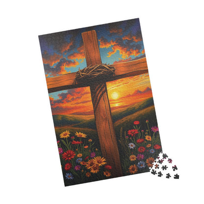 Crown of Thorns Cross Puzzle, Sunset Scene with Symbolic Christian Art, Religious Faith-Based Jigsaw Game, Inspirational Puzzle Lover Gift